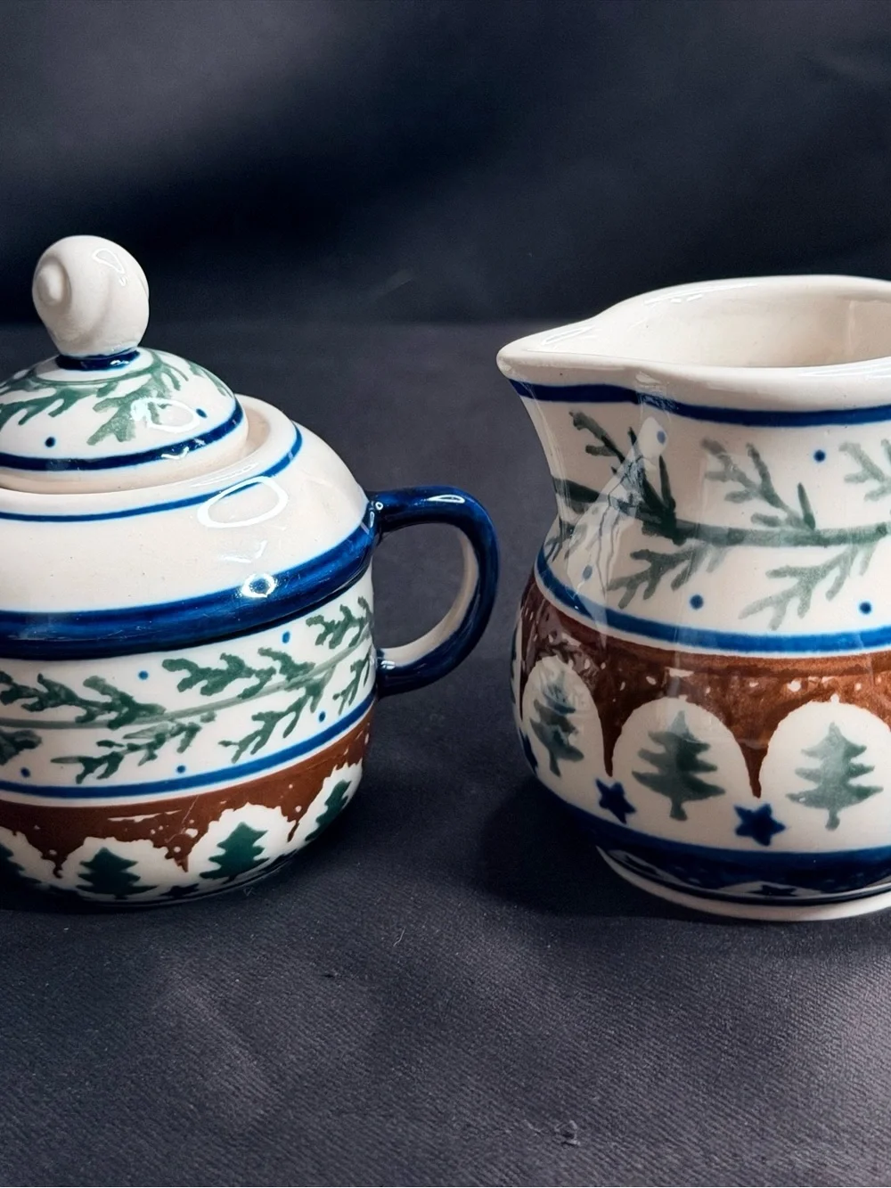 Polish Pottery Hand Crafted Vintage Serve-ware Salt/Pepper & Creamer/Sugar Set